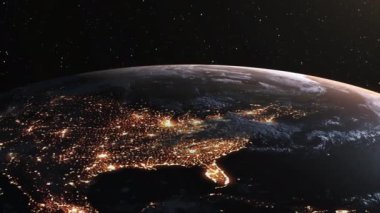 Gerçekçi coğrafya yüzeyi ve bulutları olan Dünya Gezegeni 3D yörünge animasyonu