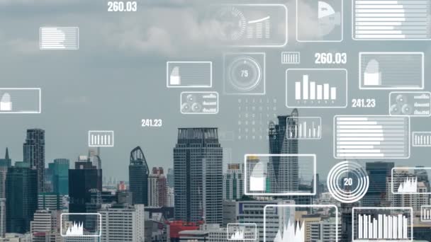 Geschäftsdaten analytische Schnittstelle fliegen über Smart City zeigt Veränderung Zukunft