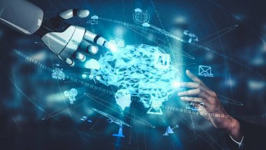 Yapay zeka ve makine öğrenimi AI droid robotu veya cyborg