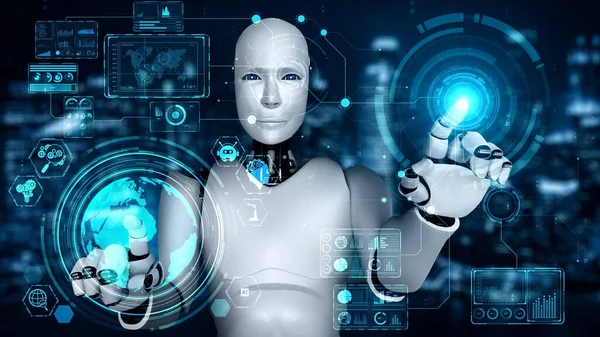 Футуристический робот-искусственный интеллект, просвещающий концепцию технологии ИИ — стоковое фото
