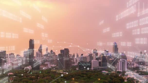 L'interfaccia analitica dei dati aziendali sorvola smart city mostrando il futuro dell'alterazione — Video Stock