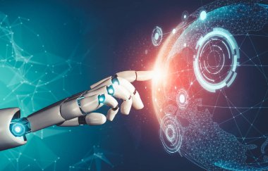 Geleceğin yapay zekası robot yapay zeka kavramını düşünüyor.