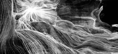 Ağ noktaları ve koyu arkaplanı birbirine bağlayan dijital dokuma çizgilerinin soyut dalgası