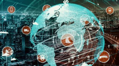 Yeni şehir yolunda gelecekteki araba trafiği için akıllı ulaşım teknolojisi kavramı