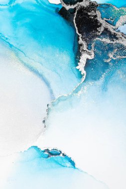 Kağıt üzerinde mermer sıvı mürekkep resminin mavi gümüş soyut arkaplanı .