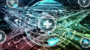 Yeni şehir yolunda gelecekteki araba trafiği için akıllı ulaşım teknolojisi kavramı