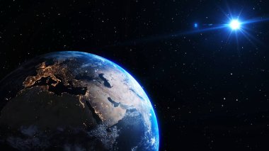 Gerçekçi coğrafya yüzeyi ve yörüngesel 3D bulut atmosferine sahip Dünya gezegeni