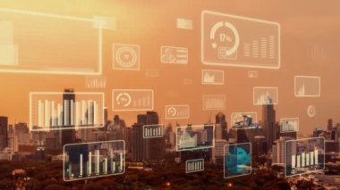 İş verisi analitik arayüzü, geleceği gösteren akıllı şehir üzerinde uçar