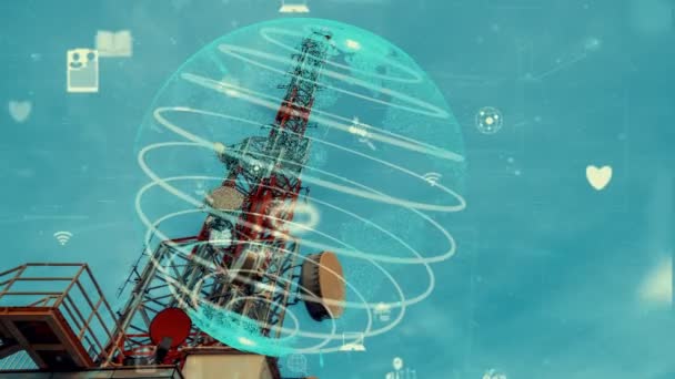 Telecommunication tower with 3D graphic of global business alteration — Stock Video