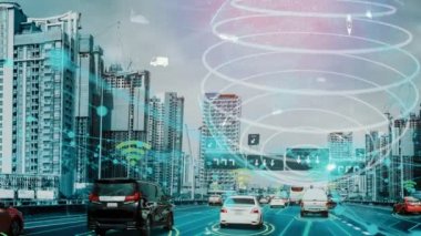 Yeni şehir yolunda gelecekteki araba trafiği için akıllı ulaşım teknolojisi kavramı