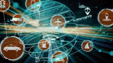 Yeni şehir yolunda gelecekteki araba trafiği için akıllı ulaşım teknolojisi kavramı