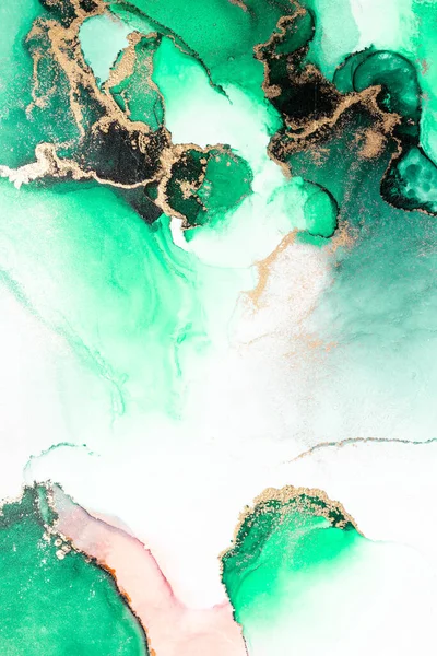 Зеленое золото абстрактный фон мрамора жидких чернил живописи на бумаге . — стоковое фото