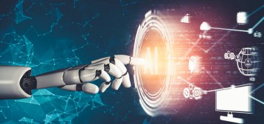 Geleceğin yapay zekası robot yapay zeka kavramını düşünüyor.