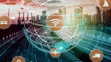 Yeni şehir yolunda gelecekteki araba trafiği için akıllı ulaşım teknolojisi kavramı