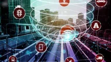 Yeni şehir yolunda gelecekteki araba trafiği için akıllı ulaşım teknolojisi kavramı