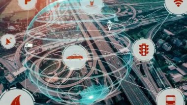 Yeni şehir yolunda gelecekteki araba trafiği için akıllı ulaşım teknolojisi kavramı