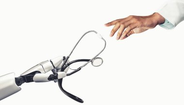 Gelecekteki hastanelerde çalışan tıbbi yapay zeka robotu.