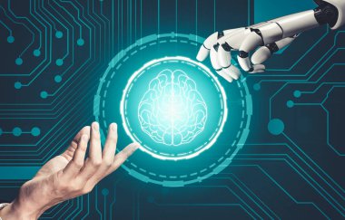 Geleceğin yapay zekası robot yapay zeka kavramını düşünüyor.