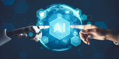 Geleceğin yapay zekası robot yapay zeka kavramını düşünüyor.
