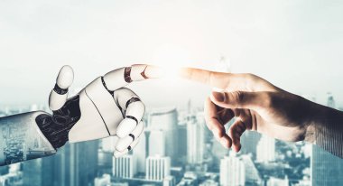 Geleceğin yapay zekası robot yapay zeka kavramını düşünüyor.