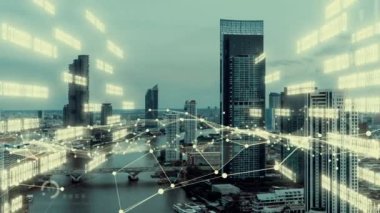 İş verisi analitik arayüzü, geleceği gösteren akıllı şehir üzerinde uçar
