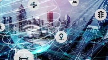 Yeni şehir yolunda gelecekteki araba trafiği için akıllı ulaşım teknolojisi kavramı