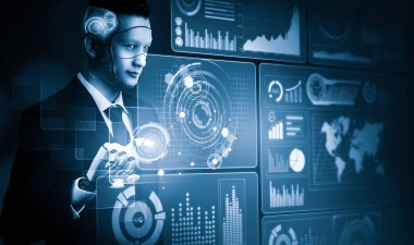 Geleceğin yapay zekası robot yapay zeka kavramını düşünüyor.