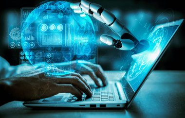 Yapay zeka ve makine öğrenimi AI droid robotu veya cyborg