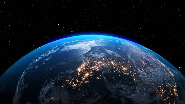 Planeet aarde met realistische geografie oppervlak en baan 3D wolk atmosfeer — Stockfoto