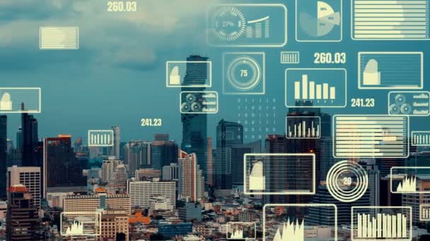 Business data analytic interface fly over smart city showing alteration future — Stock Video