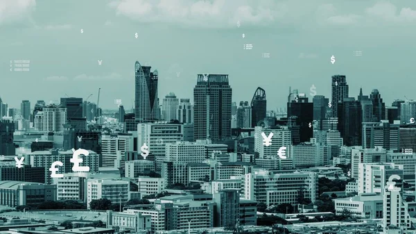 Business data analytic interface fly over smart city showing alteration future