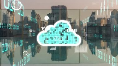 Bulut hesaplama teknolojisi ve veri paylaşımı için çevrimiçi veri depolama. Bilgisayar, bulut veri transferi için internet ağ sunucu servisine bağlanır ve 3B fütürist grafik arayüzünde gösterilir .