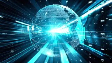Fütürist küresel ağ ve dijital veri transferi 3D grafik. Yeni bilgi çağındaki küresel eğilimleri değiştiren akıllı dijital dönüşüm ve teknoloji bozulması kavramı .