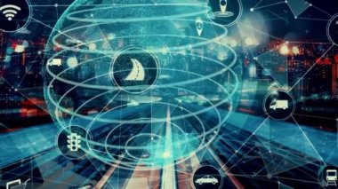 Yeni şehir yolunda gelecek araba trafiği için akıllı ulaşım teknolojisi kavramı. Sanal akıllı sistem, şehir sokaklarındaki araç verilerini birbirine bağlamak için dijital bilgi analizi yapıyor .