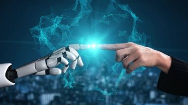 Gelecekçi robot yapay zeka yapay zeka yapay zekayı aydınlatıyor ve makine öğrenme kavramını geliştiriyor. İnsan hayatının geleceği için küresel robot kuantum bilimi araştırması. 3B görüntüleme grafiği.
