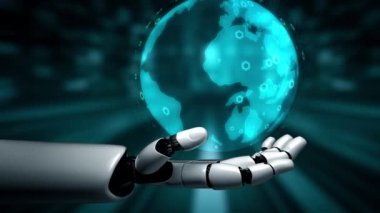 Gelecekçi robot yapay zeka yapay zeka yapay zekayı aydınlatıyor ve makine öğrenme kavramını geliştiriyor. İnsan hayatının geleceği için küresel robot kuantum bilimi araştırması. 3B görüntüleme grafiği.