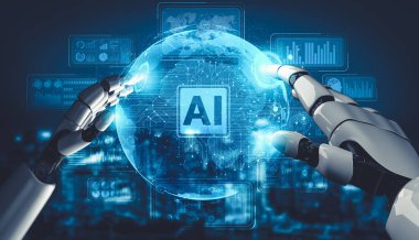 3D yapay zeka, robot ve sayborg gelişimini yaşayan insanların geleceği için yapay zeka araştırması yapıyor. Bilgisayar beyni için dijital veri madenciliği ve makine öğrenme teknolojisi tasarımı.
