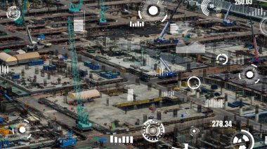 Otomasyon konseptini ve uzaktan kablosuz makine kontrolünü gösteren bir bilgisayar yazılımında fütüristik HUD kullanarak inşaat teknolojisi konsepti üzerinde değişiklik grafiği içeren konsept .