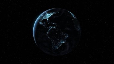 Gerçekçi coğrafya yüzeyi ve yörüngesel 3D bulut atmosferi olan Dünya gezegeni. Kıtaların dünya küresinin dış uzay görüşü. 3 boyutlu görüntüleme. Bu görüntünün elementleri NASA tarafından desteklenmektedir .