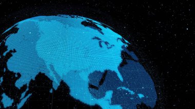 Siber uzayda ağ teknolojisi kavramını gösteren 3 boyutlu dijital yörünge dünyası. İnternet 'e bağlanan küresel küresel iletişim ve bağlantı ağının hologramı. 3 Boyutlu Hazırlama .