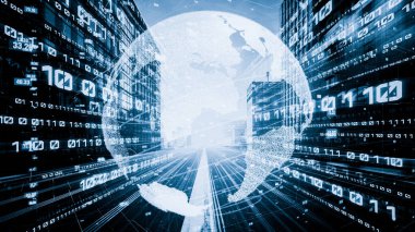 Fütürist küresel ağ ve dijital veri transferi 3D grafik. Yeni bilgi çağındaki küresel eğilimleri değiştiren akıllı dijital dönüşüm ve teknoloji bozulması kavramı .