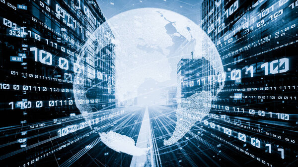 Futuristic global network and tacit digital data transfer 3D graphic . Concept of smart digital transformation and technology disruption that changes global trends in new information era .