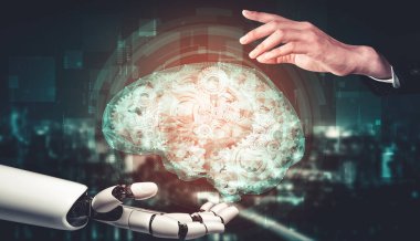 3D yapay zeka, robot ve sayborg gelişimini yaşayan insanların geleceği için yapay zeka araştırması yapıyor. Bilgisayar beyni için dijital veri madenciliği ve makine öğrenme teknolojisi tasarımı.