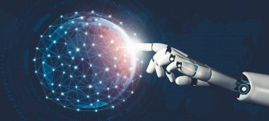 3D yorumlama fütüristik robot teknolojisi geliştirme, yapay zeka yapay zeka ve makine öğrenme kavramı. İnsan hayatının geleceği için küresel robot biyonik bilim araştırması.