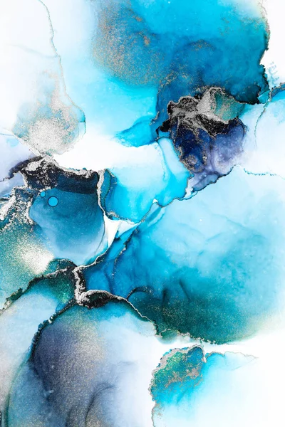Niebieski Srebro Abstrakcyjne Tło Marmuru Płynny Tusz Malarstwo Sztuki Papierze — Zdjęcie stockowe