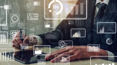 İş ve Finans için Veri Analizi. İş stratejisi için gelecekteki kar analitik bilgisayar teknolojisini, çevrimiçi pazarlama araştırma ve bilgi raporunu gösteren grafik arayüzü.