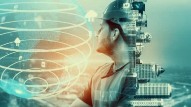 Gelecekteki bina inşaatı ve HUD hologram grafik tasarımı ile yaratıcı mühendislik projesi konsepti. İnşaat mühendisi, mimar ya da inşaat işçisi modern sivil teknoloji ile çalışıyor..