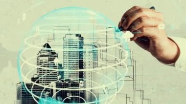 Şehir sivil planlama ve yaratıcı gayrimenkul geliştirme. Yaratıcı şehir binası tasarlamak için soyut şehir çizimine bakan mimar insanlar. Mimarlık hayali ve hırs konsepti.