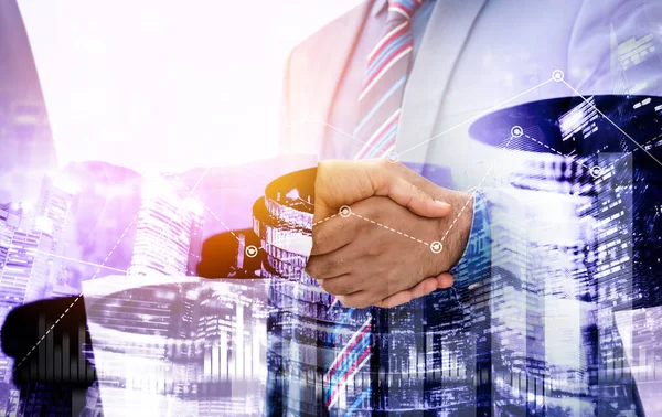 Business Handshake Financiële Welvaart Geld Technologie Activa Achtergrond Economie Financiële — Stockfoto