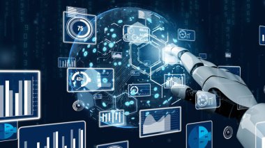 Gelecekçi robot yapay zeka devrimci yapay zeka teknoloji geliştirme ve makine öğrenme kavramı. İnsan hayatının geleceği için küresel robot biyonik bilim araştırması. 3B görüntüleme grafiği.